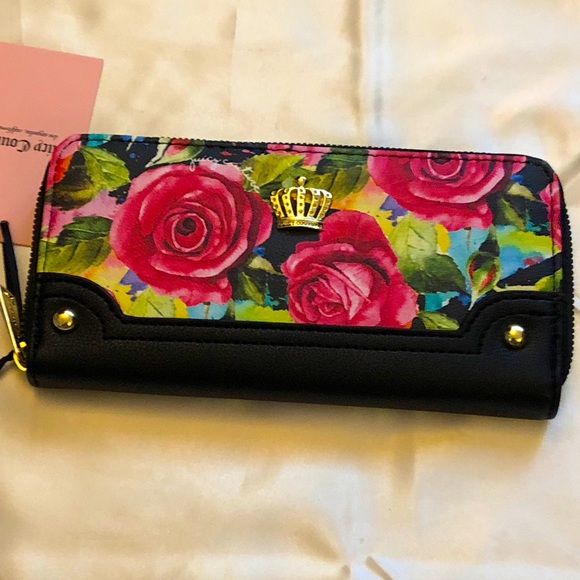 Juicy Couture Black Multi Rose Faux Leather Large Zip Around Wallet NWT - Picture 6 of 10
